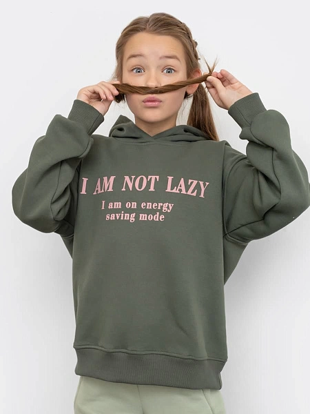 картинка Худи оверсайз для девочек в оттенке хаки с розовой надписью и начесом от известного бренда одежды для девочек Mark Formelle