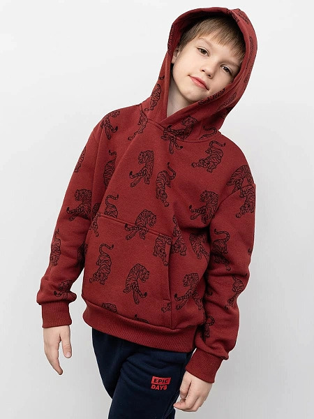 картинка Худи для мальчиков бордовое с начесом и рисунком тигров от магазина одежды для мальчиков от бренда Mark Formelle