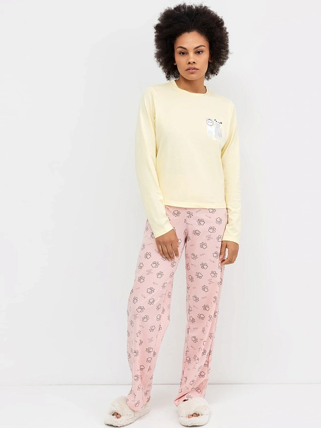 Хлопковый комплект (желтый лонгслив и розовые брюки) с принтами - 2