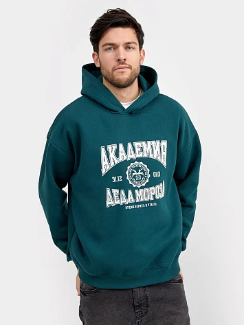 Теплое худи в оттенке "сосна" с новогодним принтом