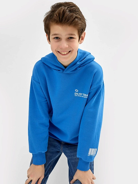картинка Худи для мальчиков в синем цвете с печатью от магазина одежды для мальчиков от бренда Mark Formelle