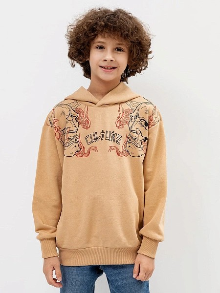 картинка Худи для мальчиков в бежевом цвете с печатью от магазина одежды для мальчиков от бренда Mark Formelle