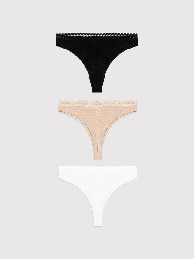 Набор трусов женских бразилиана (3 пары) в рубчик, черного, бежевого и белого цвета - 5