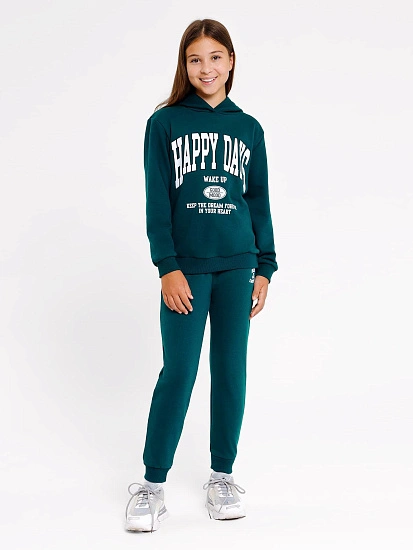 картинка Комплект для девочек (худи, брюки) в зеленом оттенке с печатью от известного бренда одежды для девочек Mark Formelle