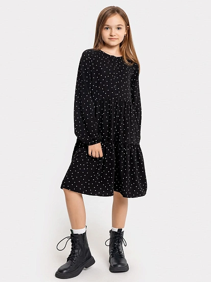 картинка Платье для девочек из вискозы черное в горошек от известного бренда одежды для девочек Mark Formelle