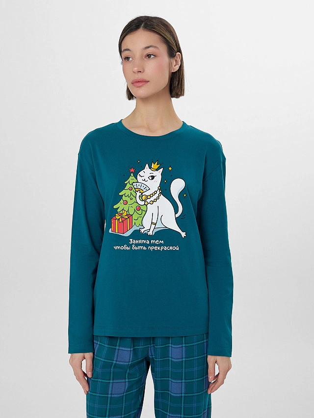 Комплект женский (джемпер, брюки) темно-зеленый в клетку - 3