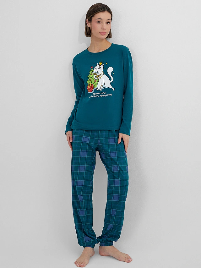 Комплект женский (джемпер, брюки) темно-зеленый в клетку - 8