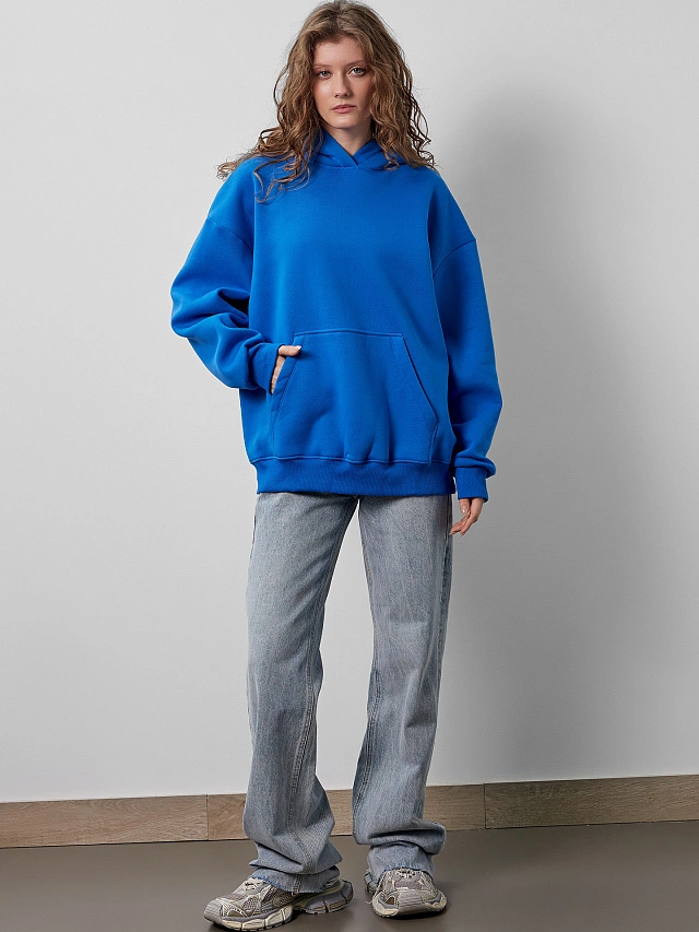 Теплое худи женское голубое с капюшоном - 3
