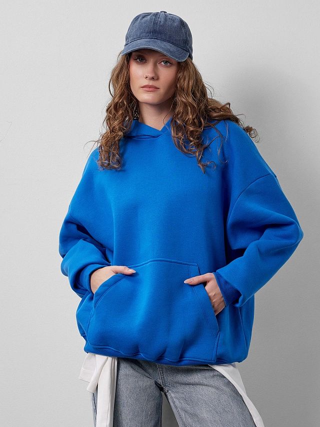 Теплое худи женское голубое с капюшоном - 8