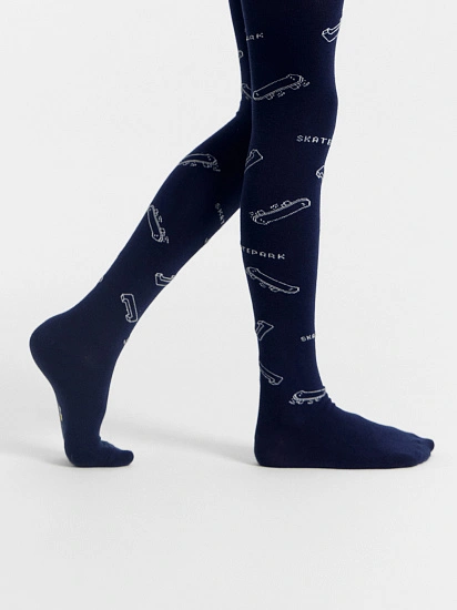картинка Колготки детские темно-синие с рисунком в виде скейтов от известного бренда одежды для девочек Mark Formelle