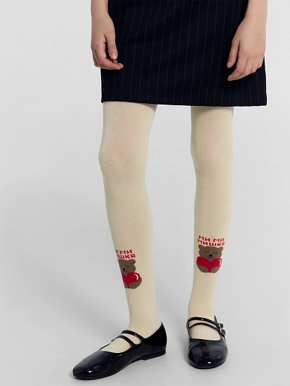 картинка Колготки детские бежевые с рисунком в виде медведя с сердцем от известного бренда одежды для девочек Mark Formelle