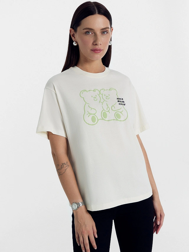 Футболка женская молочно-бежевая с печатью - 5