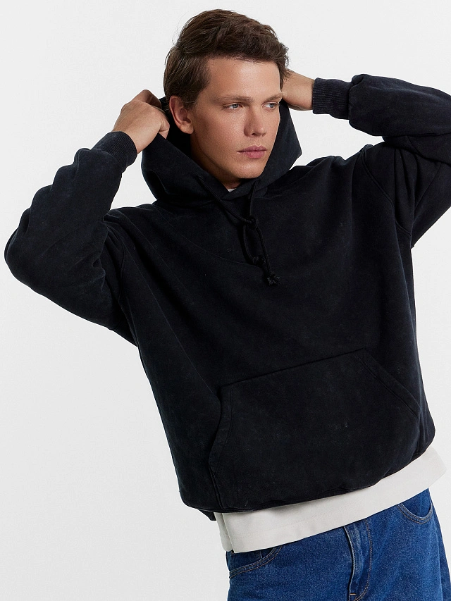 Теплое худи мужское черное с начесом - 8