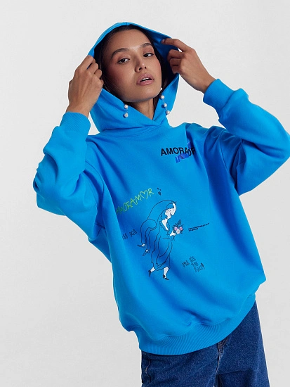картинка Худи женское в лазурном цвете с печатью от магазина стильной одежды Mark Formelle