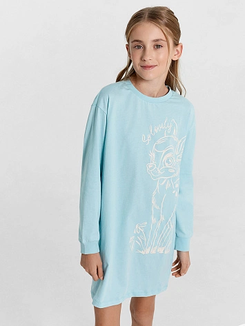 Сорочка ночная для девочек голубая с олененком бэмби