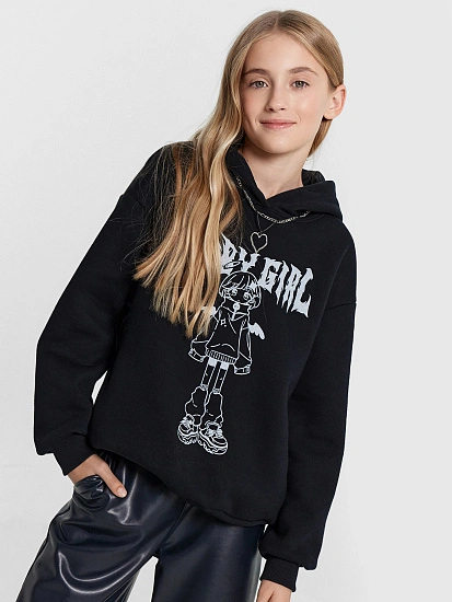 картинка Худи для девочек черное с печатью от известного бренда одежды для девочек Mark Formelle