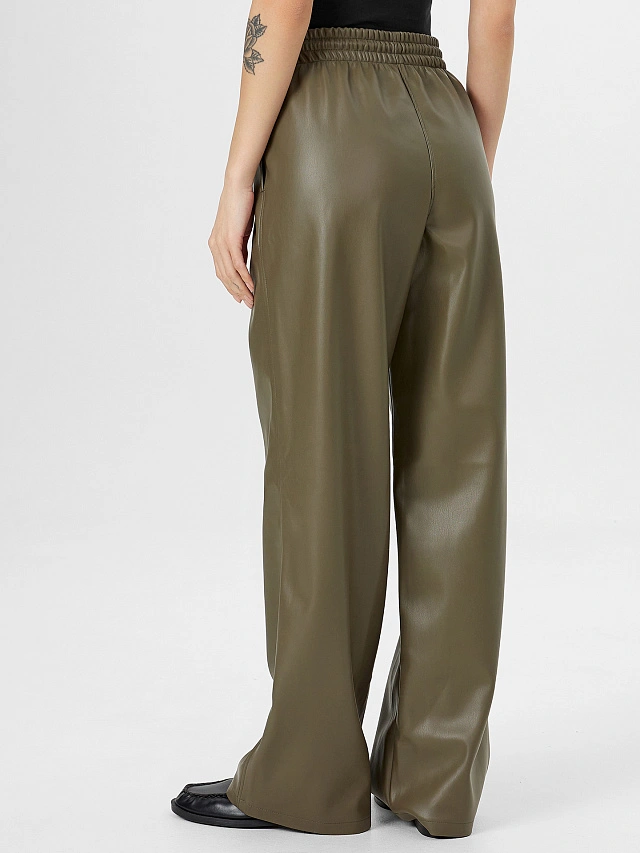 Брюки кожаные женские хаки - 2