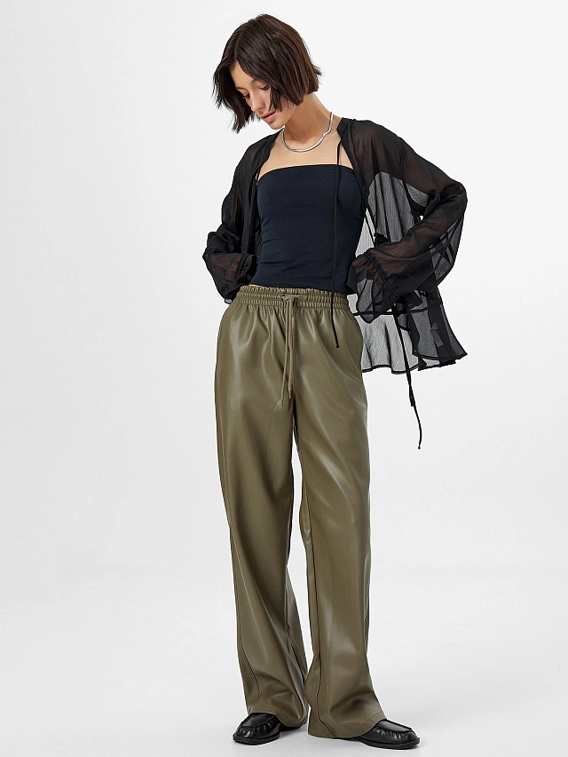 Брюки кожаные женские хаки - 5