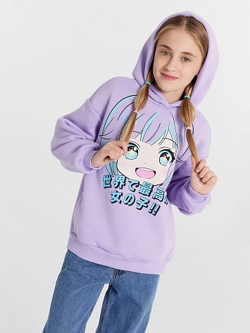 Худи для девочек лавандовое с принтом "аниме"