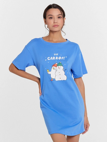 картинка Сорочка ночная женская синяя с принтом и надписью "Say carrot!" от магазина стильной одежды Mark Formelle