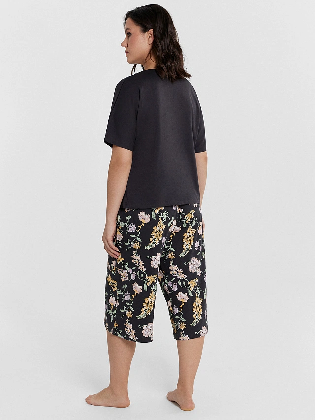 Пижама женская графитовая с цветочным принтом - 2