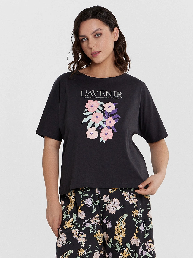 Пижама женская графитовая с цветочным принтом - 3