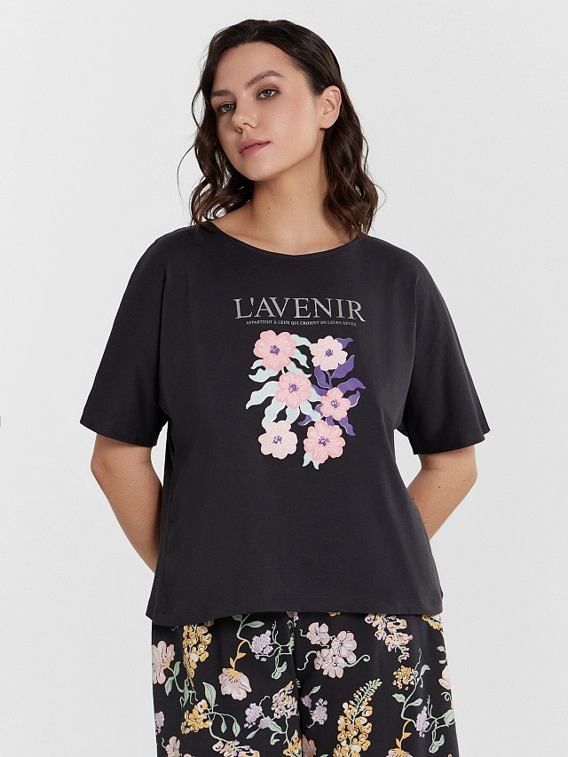 Пижама женская графитовая с цветочным принтом - 8