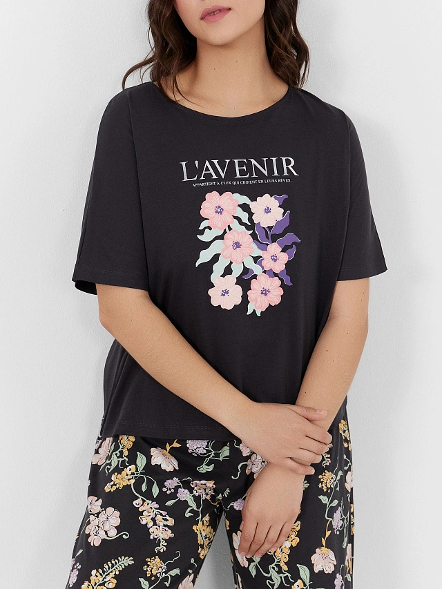 Пижама женская графитовая с цветочным принтом - 9