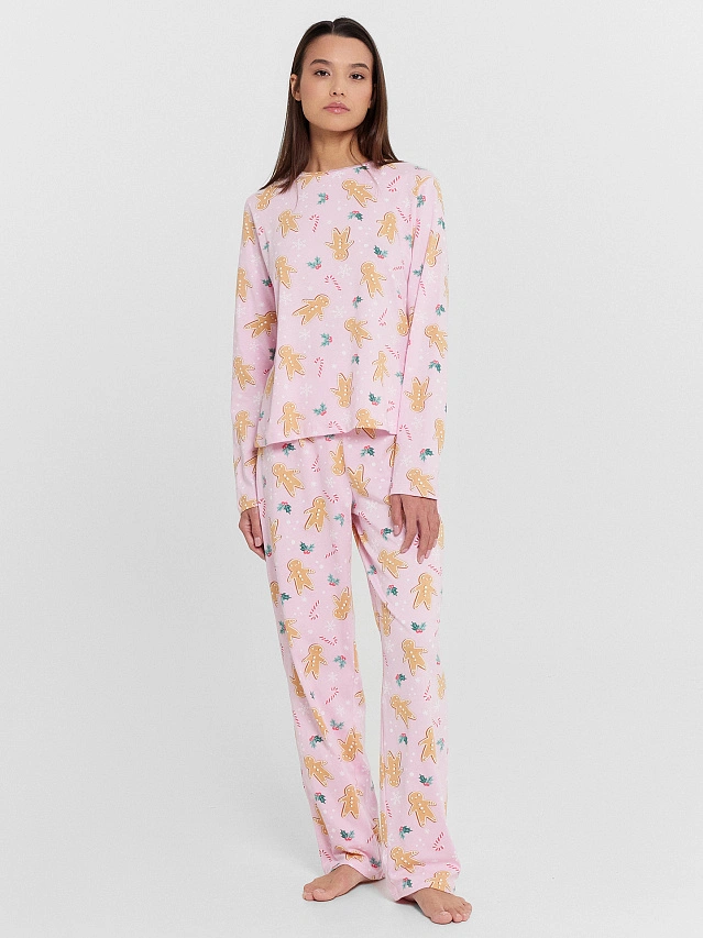 Пижама женская розовая с принтом "пряничные человечки" - 2