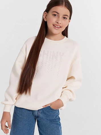 Свитшот для девочек кремовый со стразами