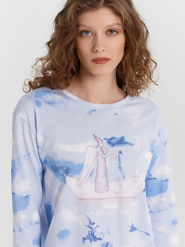 Пижама женская голубая с принтом и надписью "Сладких снов" - 7