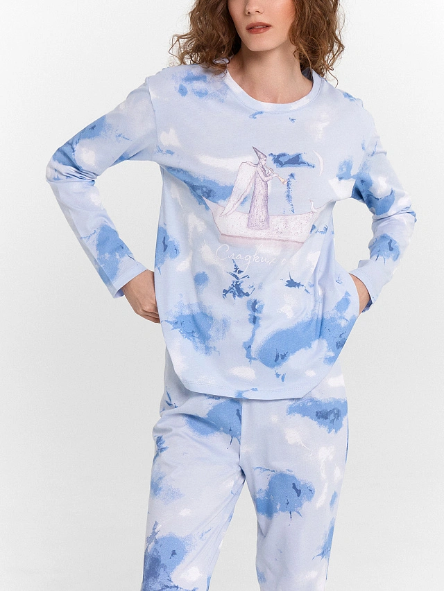 Пижама женская голубая с принтом и надписью "Сладких снов" - 9