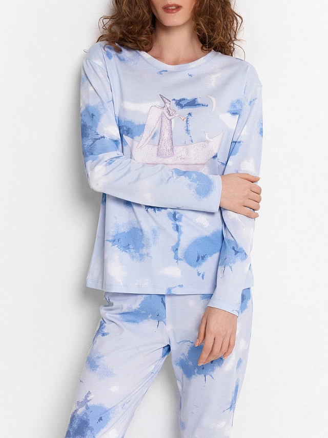 Пижама женская голубая с принтом и надписью "Сладких снов" - 10