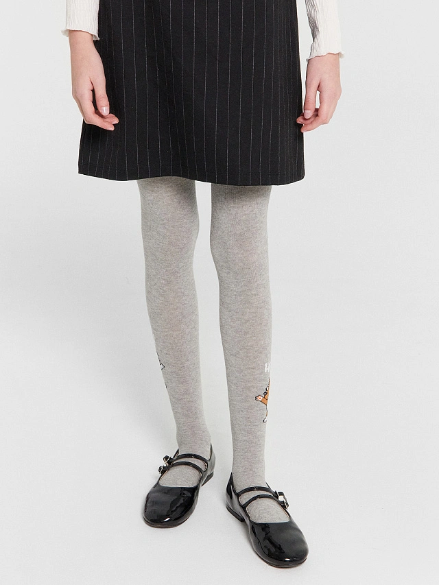 Колготки детские серые с узором в виде лисенка - 2