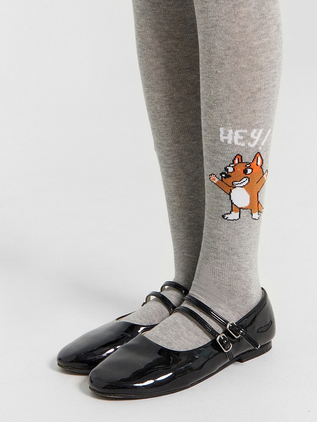 Колготки детские серые с узором в виде лисенка - 4