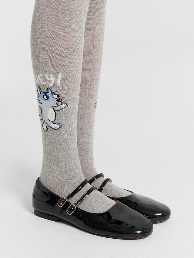 Колготки детские серые с узором в виде лисенка - 5