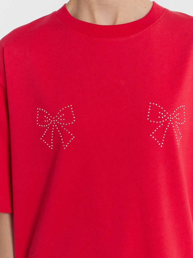 Футболка женская красная с бантиками из страз - 4