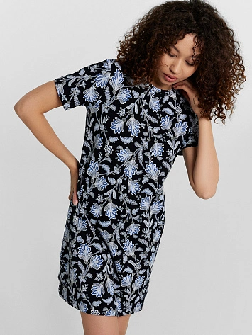 Сорочка ночная женская синяя с цветочными принтом