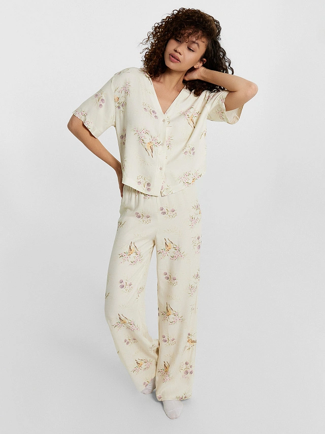 Комплект домашний женский кремовый с принтом "птички" - 4