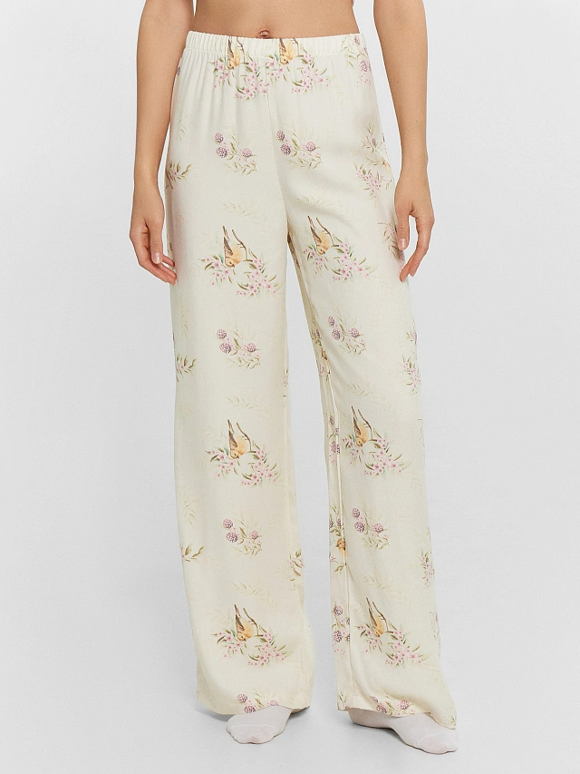 Комплект домашний женский кремовый с принтом "птички" - 6