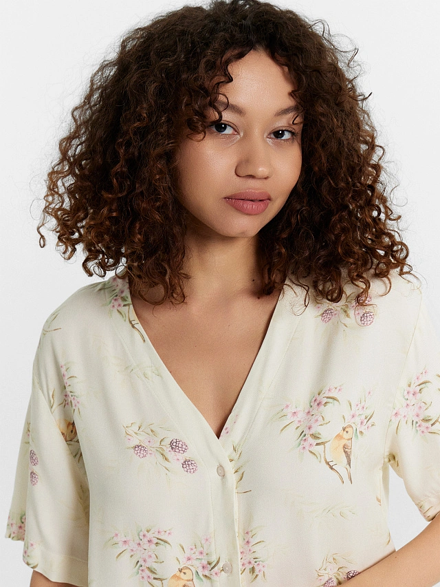 Комплект домашний женский кремовый с принтом "птички" - 8