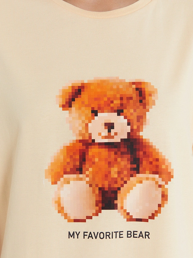 Туника женская домашняя бежевая с принтом и надписью "My favorite bear" - 5