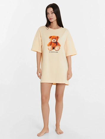 Туника женская домашняя бежевая с принтом и надписью "my favorite bear"