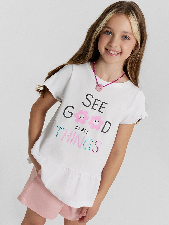 Блузка для девочек белая с принтом и надписью "see good in all things" - 3
