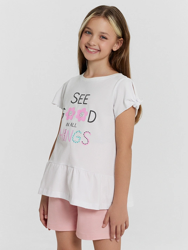 Блузка для девочек белая с принтом и надписью "see good in all things" - 4