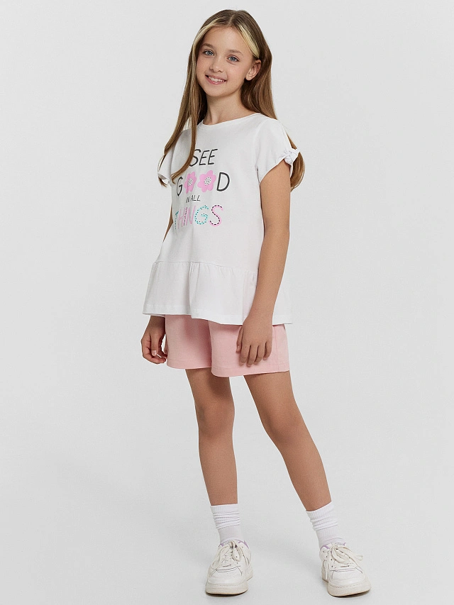 Блузка для девочек белая с принтом и надписью "see good in all things" - 5