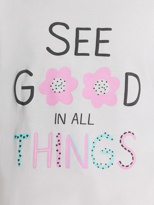 Блузка для девочек белая с принтом и надписью "see good in all things" - 9