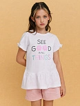 Блузка для девочек белая с принтом и надписью "see good in all things"