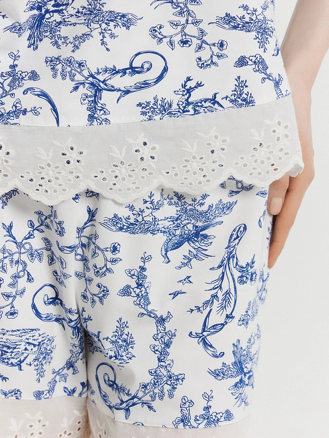 Комплект домашний женский белый с принтом и кружевом - 7