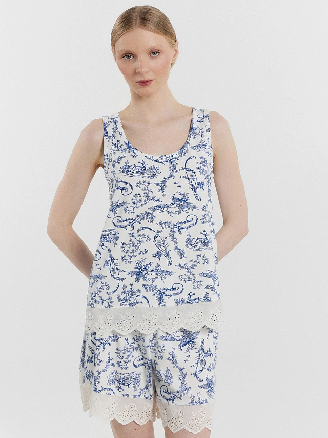 Комплект домашний женский белый с принтом и кружевом - 9